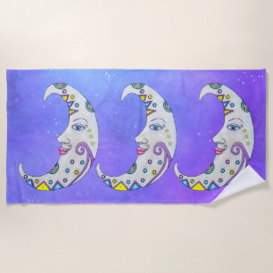 Fancy Crescent Moons Faces Bright Colours Purple Beach Towel