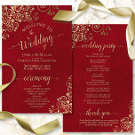 Fancy Crimson Red & Gold Budget Wedding Program<br><div class="desc">These wedding programs are elegant and tasteful, while still being budget friendly. The design features ornate golden faux foil filigree with gold text on a marbled crimson red background. The typography features lacy script calligraphy, and there is room for details on the ceremony, the bridal party, and a short thank...</div>