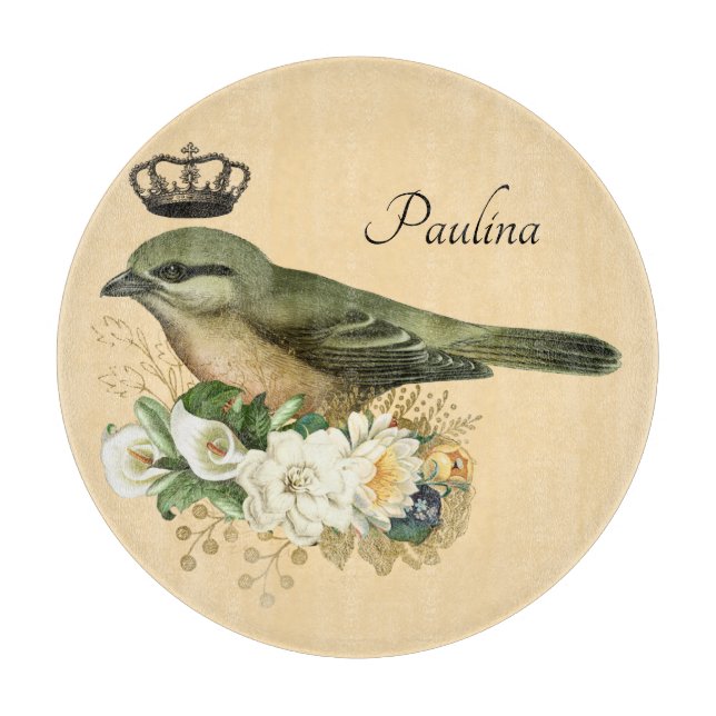 Fancy Crown Bird on Peach Personalised  Cutting Board (Front)