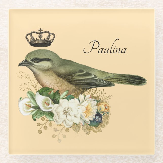 Fancy Crown Bird on Peach Personalised  Glass Coaster (Front)