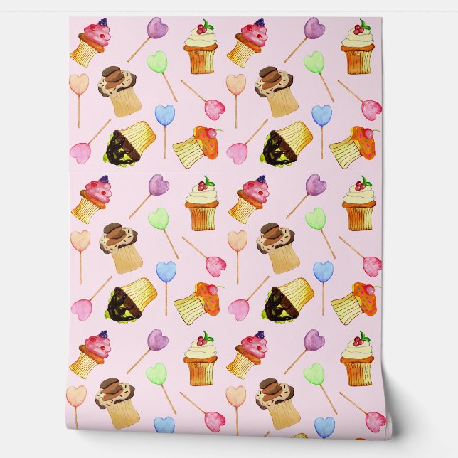 Fancy Cupcakes And Heart Lollipops Sweet Shop Wallpaper (Unrolling)