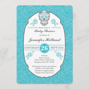 Fancy Damask Skull Baby Shower Invitation in Aqua