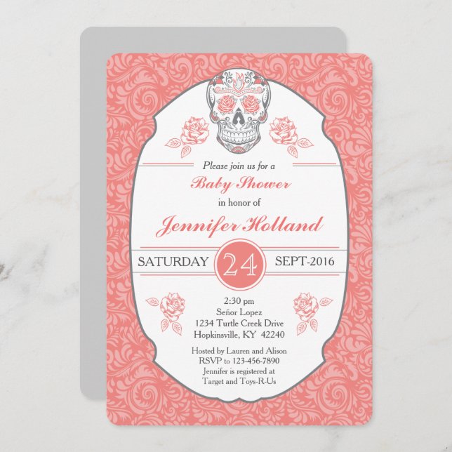 Fancy Damask Skull Baby Shower Invitation in Coral (Front/Back)