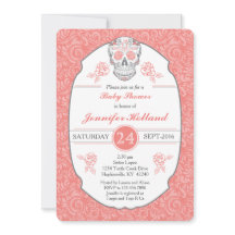 Fancy Damask Skull Baby Shower Invitation in Coral
