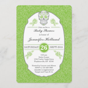 Fancy Damask Skull Baby Shower Invitation in Green