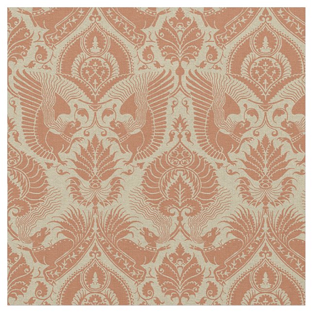 Fancy Damask with Animals, Clay Red Fabric (Close Up)