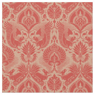 Fancy Damask with Animals, Coral Red Fabric