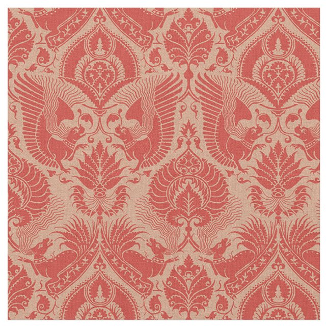 Fancy Damask with Animals, Coral Red Fabric (Close Up)