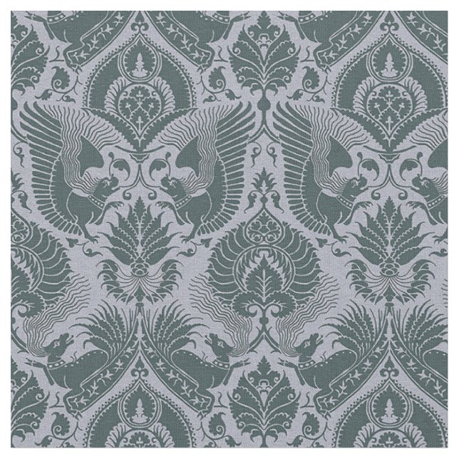 Fancy Damask with Animals, Dark Slate Blue Fabric (Close Up)