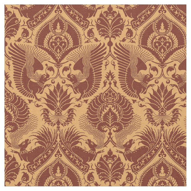 Fancy Damask with Animals, Tawny Red Fabric (Close Up)