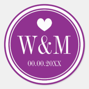 Fancy deep purple monogram wedding stickers