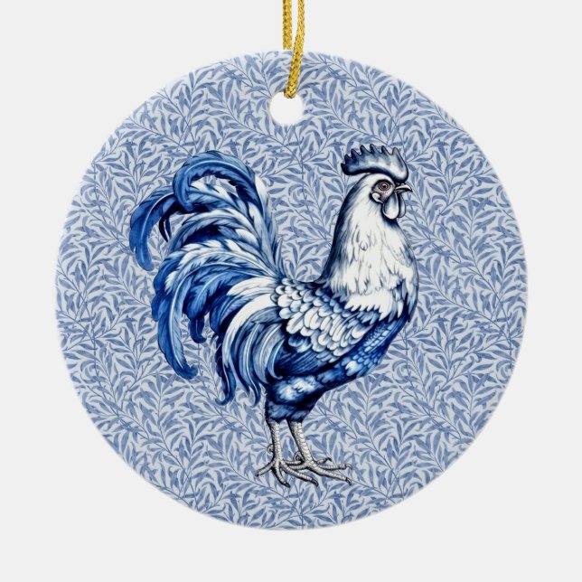 Fancy Delft Blue And White Rooster Chicken Ceramic Ornament (Front)