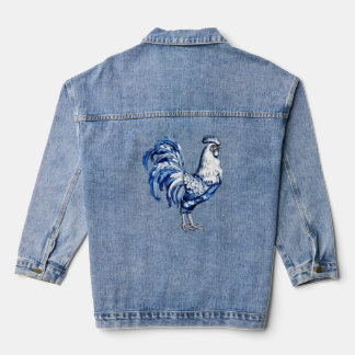 Fancy Delft Blue And White Rooster Chicken Denim Jacket