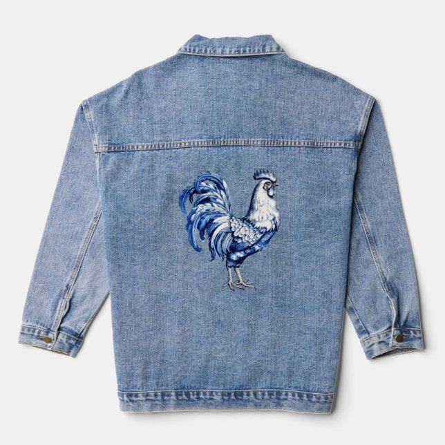 Fancy Delft Blue And White Rooster Chicken Denim Jacket (Back)