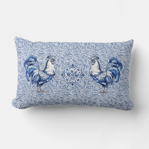 Fancy Delft Blue And White Rooster Chicken Lumbar Cushion