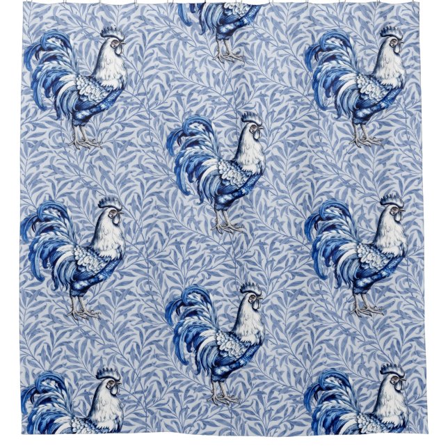 Fancy Delft Blue And White Rooster Chicken Shower Curtain (Front)