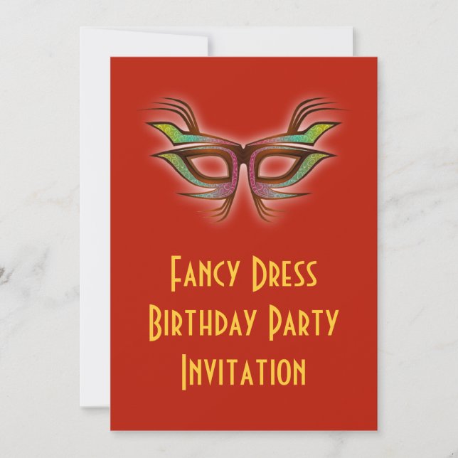Fancy dress Birthday party invitation with mask (Front)