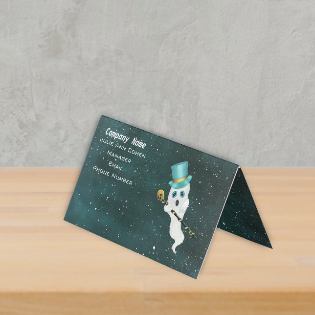 Fancy Dressed up Ghost Top Hat Skull Cane Sky Business Card (Dressed up floating ghost top hat skull cane in night sky with stars on standing business card.)