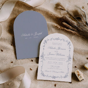 Fancy Dusty Blue Floral Boho Chic Arched Wedding Invitation