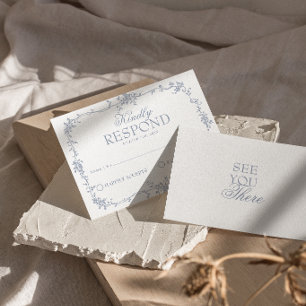 Fancy Dusty Blue Floral Boho Wedding RSVP Card