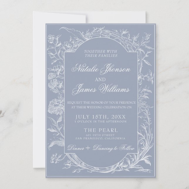 Fancy Dusty Blue Floral QR Code Photo Wedding Invitation (Front)