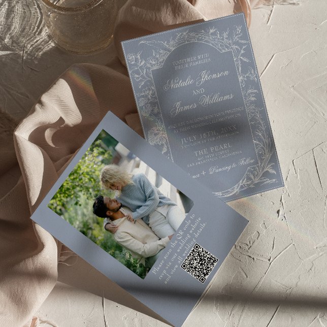 Fancy Dusty Blue Floral QR Code Photo Wedding Invitation (Creator Uploaded)