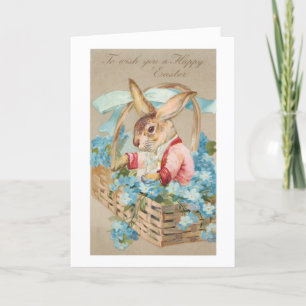Fancy Easter Bunny in Basket with Forget-Me-Nots Holiday Card