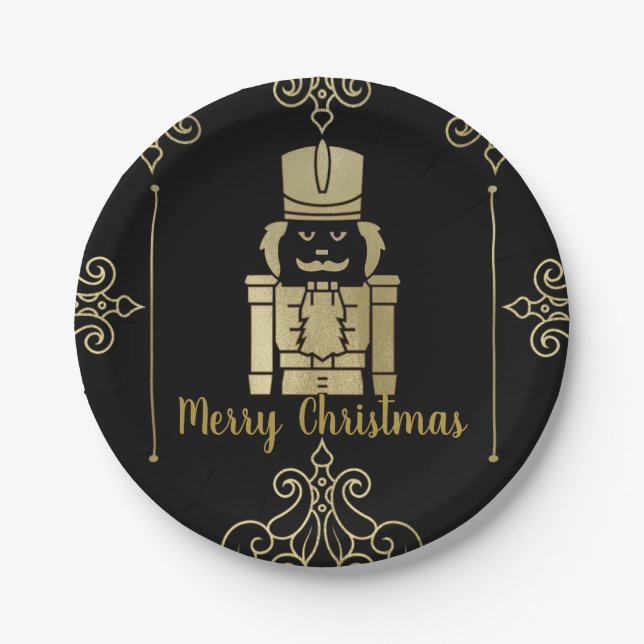 Fancy Elegant Gold Black Nutcracker Holiday Party Paper Plate (Front)