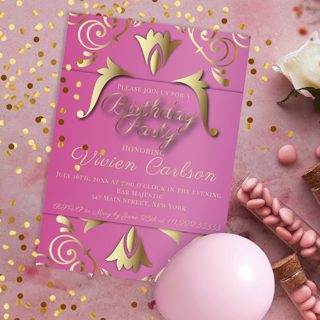 Fancy Elegant Pink And Gold Birthday Party Invitation (Creator Uploaded)