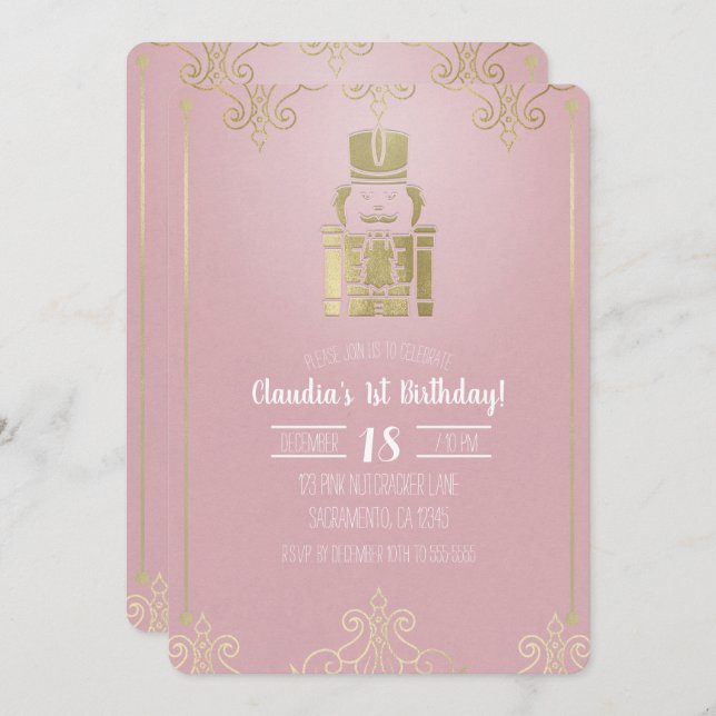 Fancy Elegant Pink & Gold Nutcracker 1st Birthday Invitation (Front/Back)