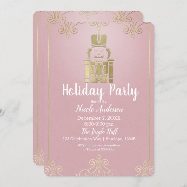 Fancy Elegant Pink & Gold Nutcracker Holiday Party Invitation (Front/Back)