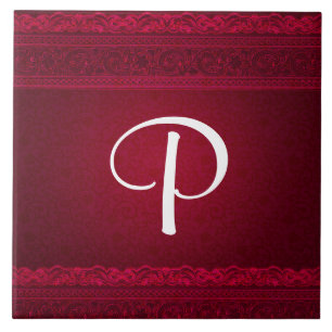 Fancy & Elegant Red Background Stylish Monogram Ceramic Tile