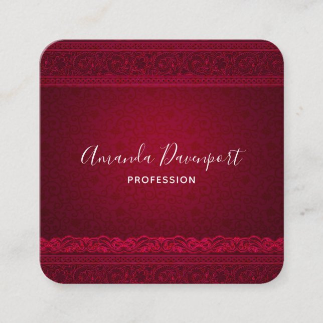 Fancy & Elegant Red Background Stylish Square Business Card (Front)