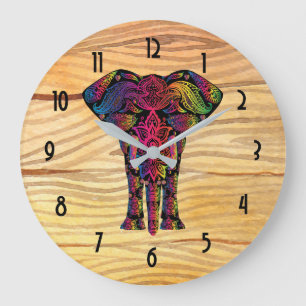 Fancy Elephant Illustration - Decorative Pattern Large Clock