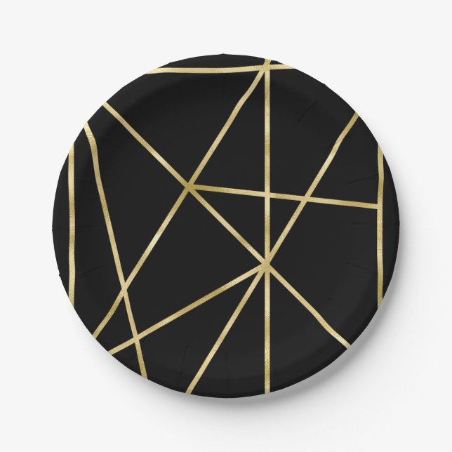 Fancy Faux Foil Gold and Black Geometric Pattern Paper Plate (Front)