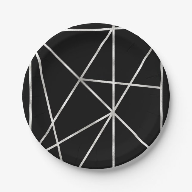 Fancy Faux Foil Silver & Black Geometric Pattern Paper Plate (Front)