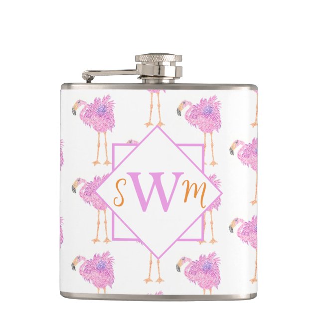 Fancy Flamingo Monogrammed Flask (Front)