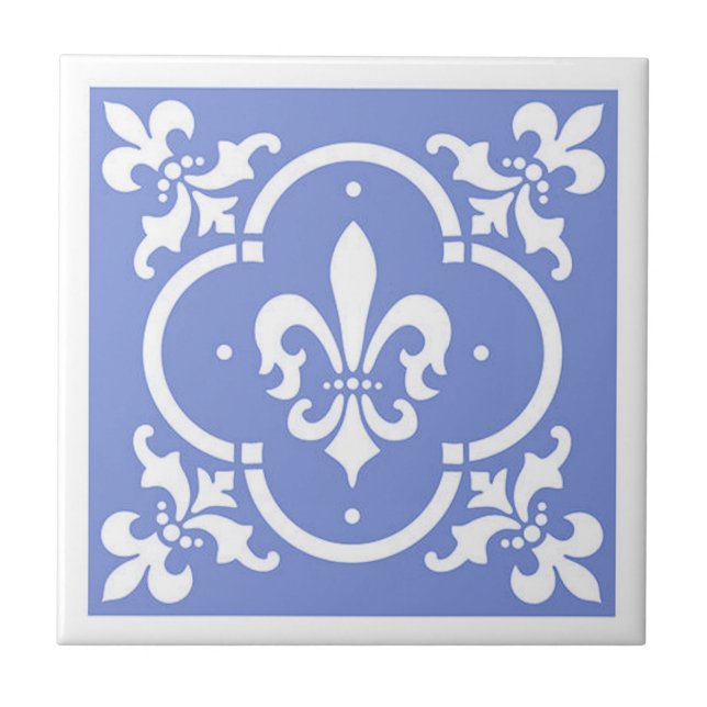 Fancy Fleur De Lis Blue Ceramic Tile (Front)