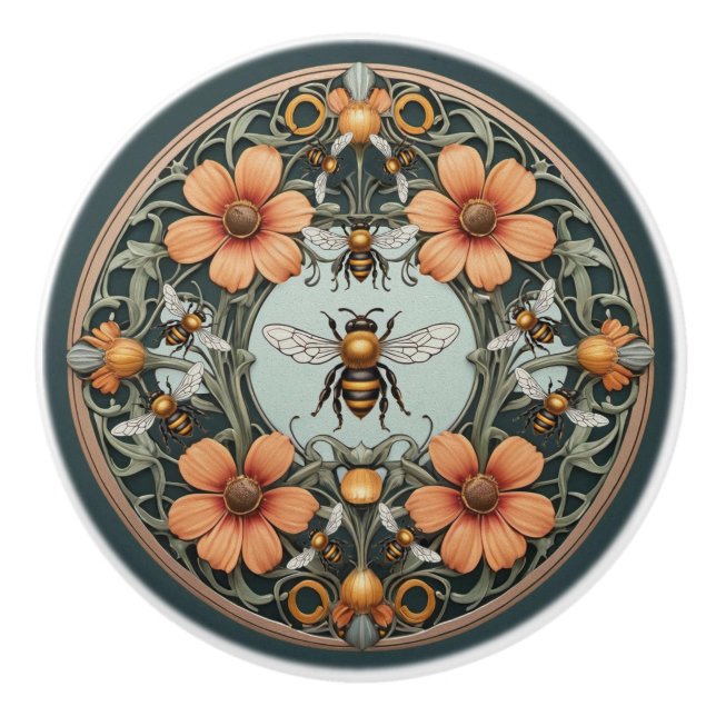 Fancy Floral Bee-utiful Bee  Ceramic Knob (Front)