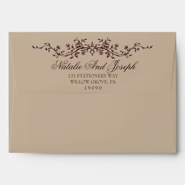 Fancy Floral Beige Burgundy Botanical Boho Wedding Envelope (Back (Top Flap))