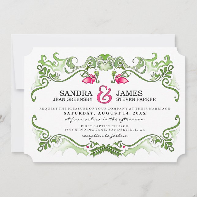 Fancy Floral Border - Pink & Green Wedding Invite (Front)