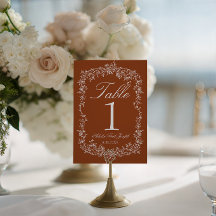 Fancy Floral Burnt Orange Wedding Table Number