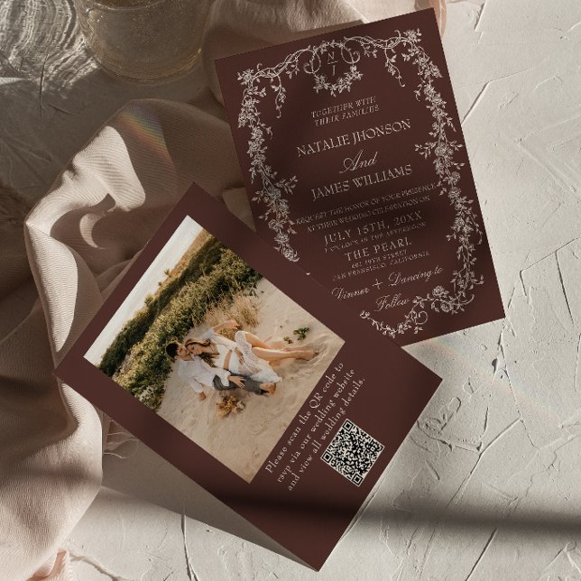 Fancy Floral Chocolate Brown Photo QR Code Wedding Invitation (Creator Uploaded)