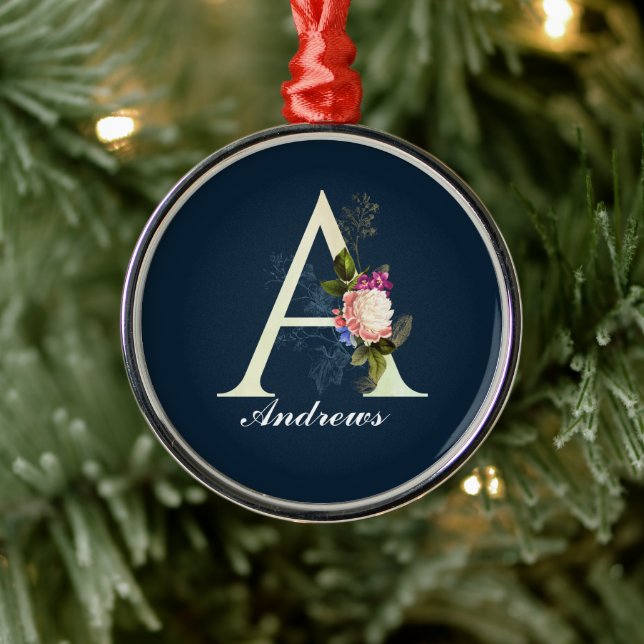 Fancy Floral Monogram A Dark Blue Metal Ornament (Tree)