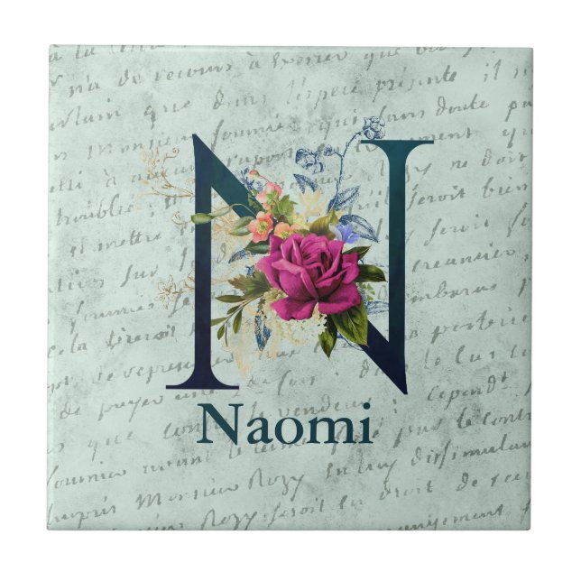 Fancy Floral Monogram Initial N  Ceramic Tile (Front)