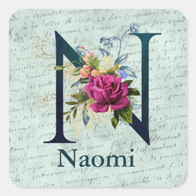 Fancy Floral Monogram Initial N   Square Sticker (Front)