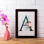 Fancy Floral Monogram Letter A Faux Canvas Print<br><div class="desc">Floral monogram wall art features beautiful and fancy florals include gold leaves,  purple rose and blue wildflowers embellishments on large letter / initial A.</div>