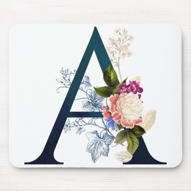 Fancy Floral Monogram Letter A Mouse Pad (Front)