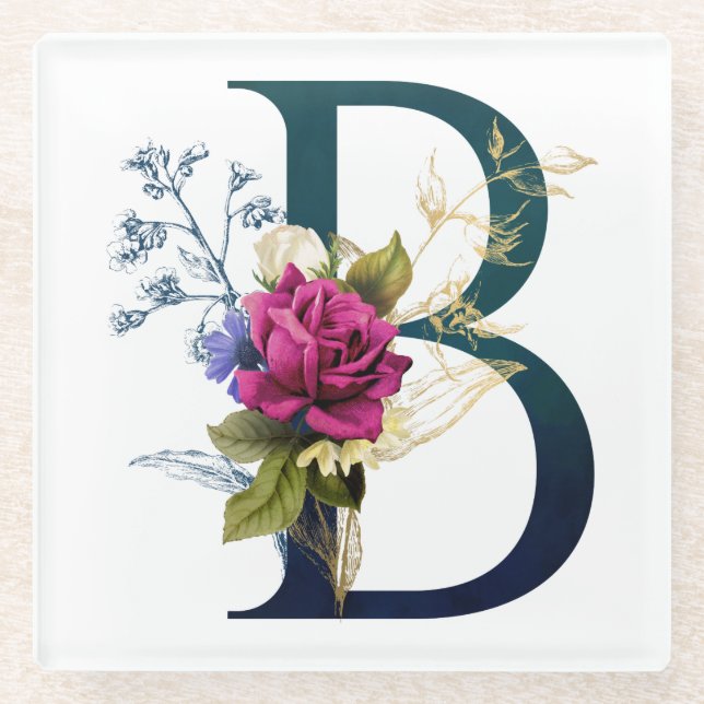 Fancy Floral Monogram Letter B Glass Coaster (Front)