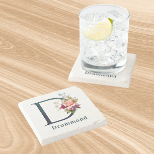 Fancy Floral Monogram Letter D   Stone Coaster